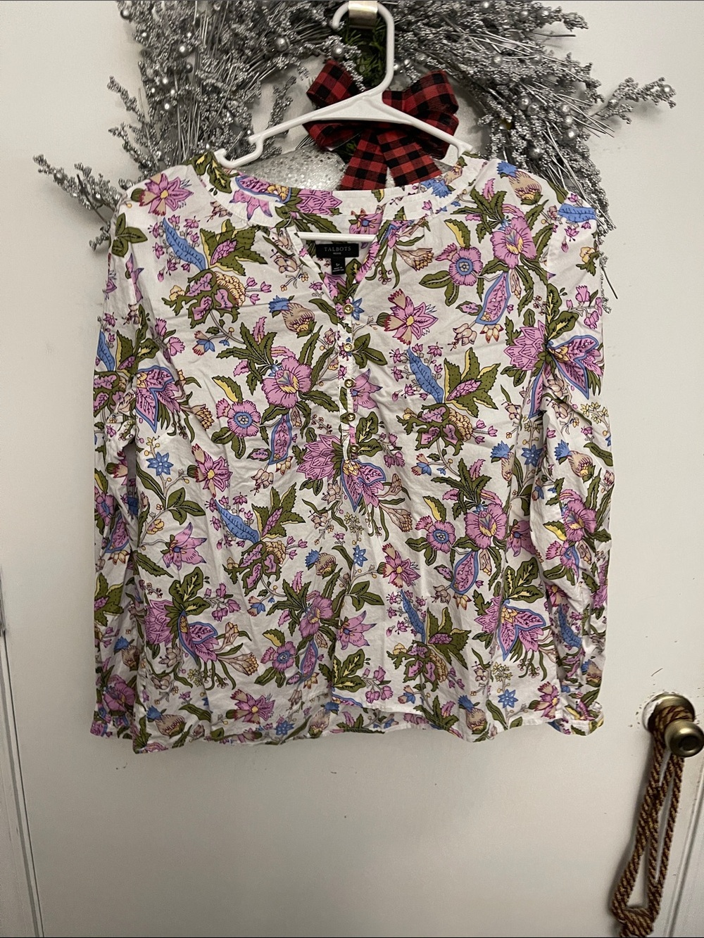 Talbots White Long-Sleeve Floral Henley with Pink & Green Print